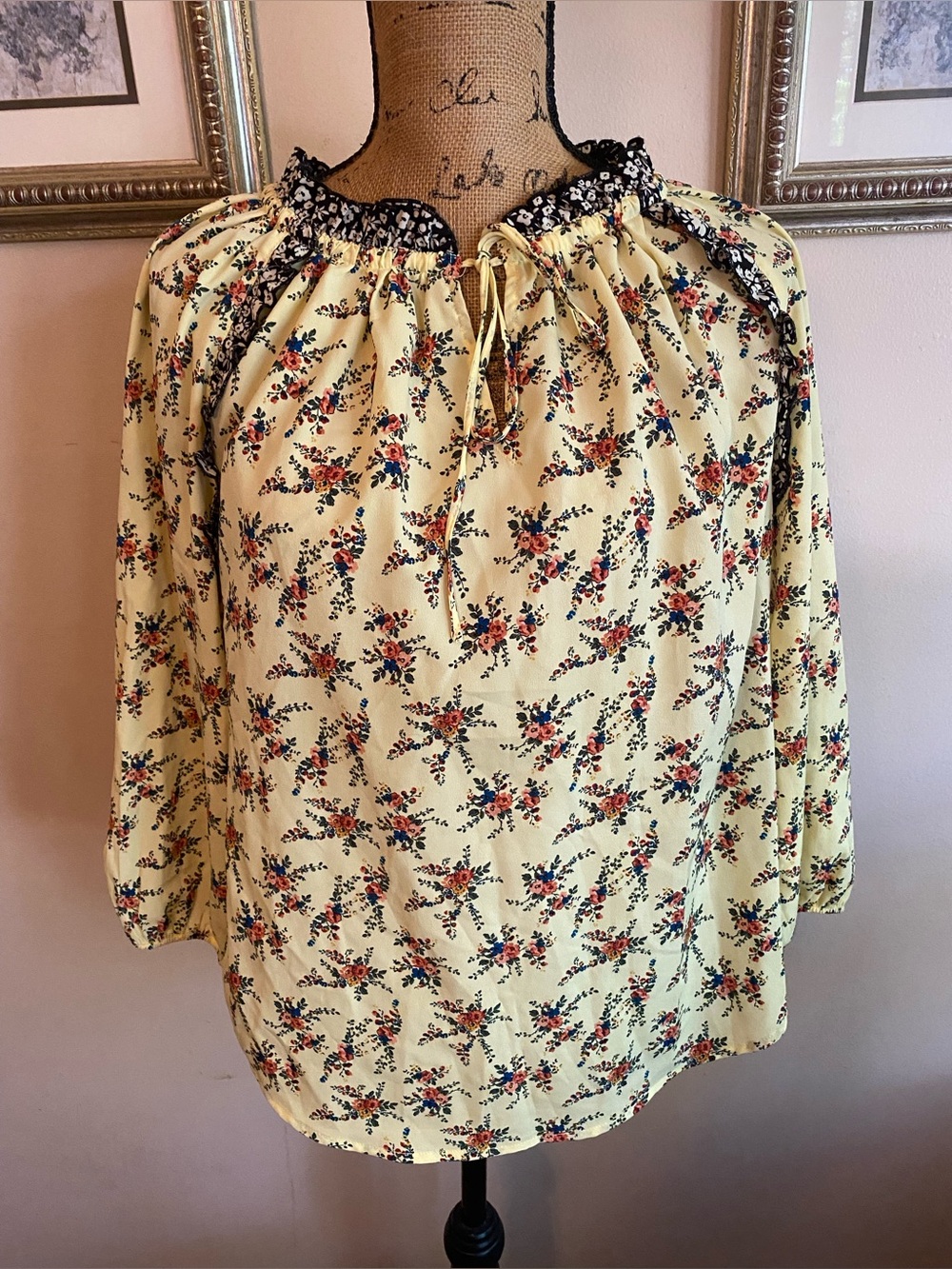 Dalia Boho Floral Peasant Blouse Top Med Yellow Split Neck Tie Long Sleeve Top